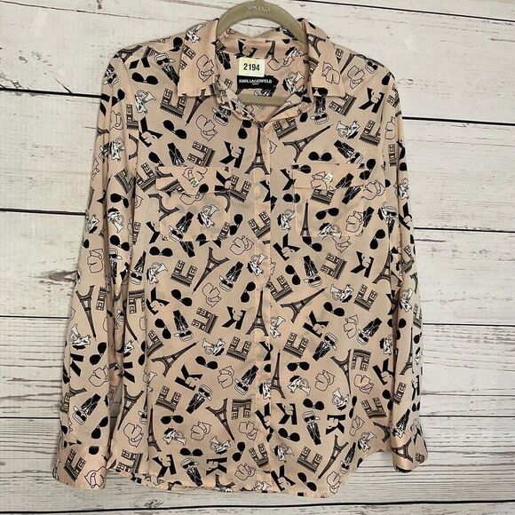 Karl Lagerfeld Tops - Karl Lagerfeld Cat Paris Eiffel Tower Print Button Up Shirts Blouse Women Size M